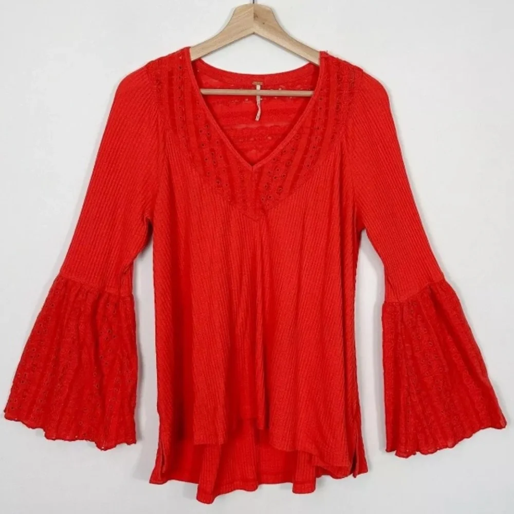 Free People Red Eyelet Lace Wide Bell Sleeve Waffle Knit Thermal Top - Picture 6 of 12